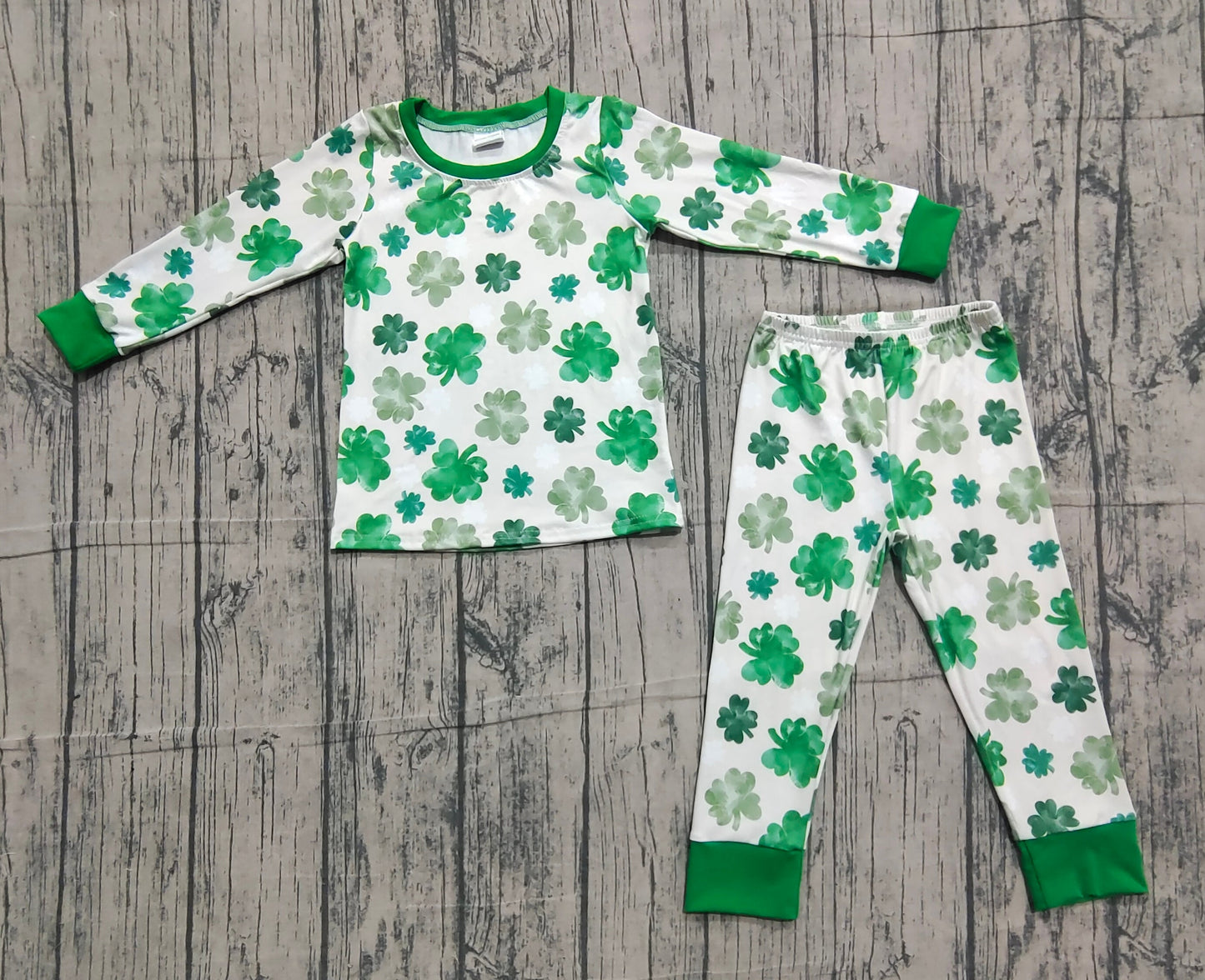 RTS Baby Kids Long Sleeves Clovers Shirt Pants St Patrick Green Pajamas Set