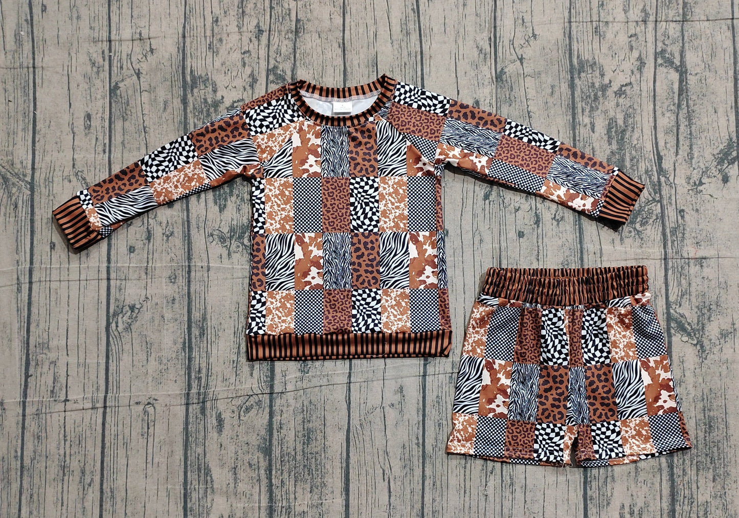 RTS Baby Girls Leopard Cow Print Plaid Shirt Shorts Western Clothes Set