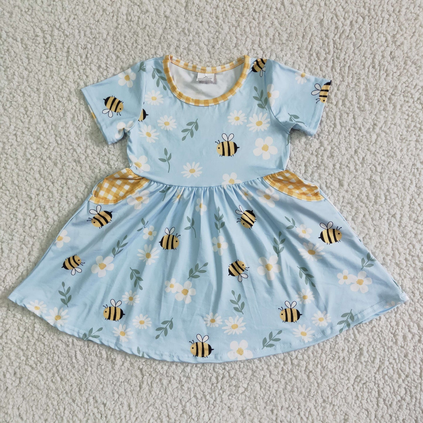 6.14 RTS NO MOQ Baby Girl Summer Skirt GSD0021 Bee Short Sleeve Knee Length Pocket Dresses