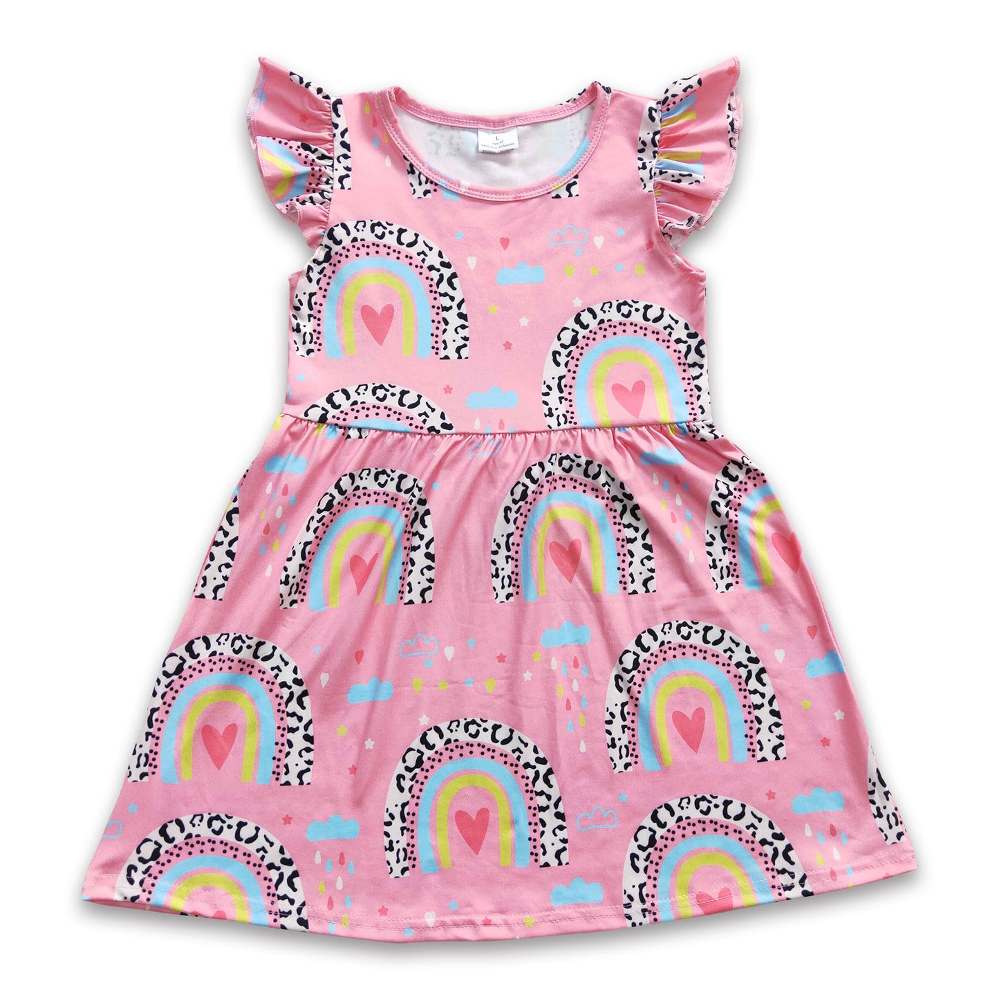 RTS NO MOQ Baby Girl Summer Skirt GSD0248 Leoaprd Rainbow Pearl Flutter Sleeve Knee Length Dresses