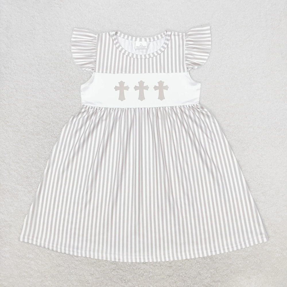 RTS NO MOQ Summer Baby Girls Dresses GSD0568 Grey Stripes Easter Cross Knee Length Dresses