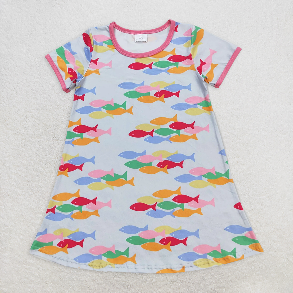 RTS NO MOQ Summer Baby Girls Dresses GSD0813 Short Sleeve Colorful Fish Knee Length Dresses