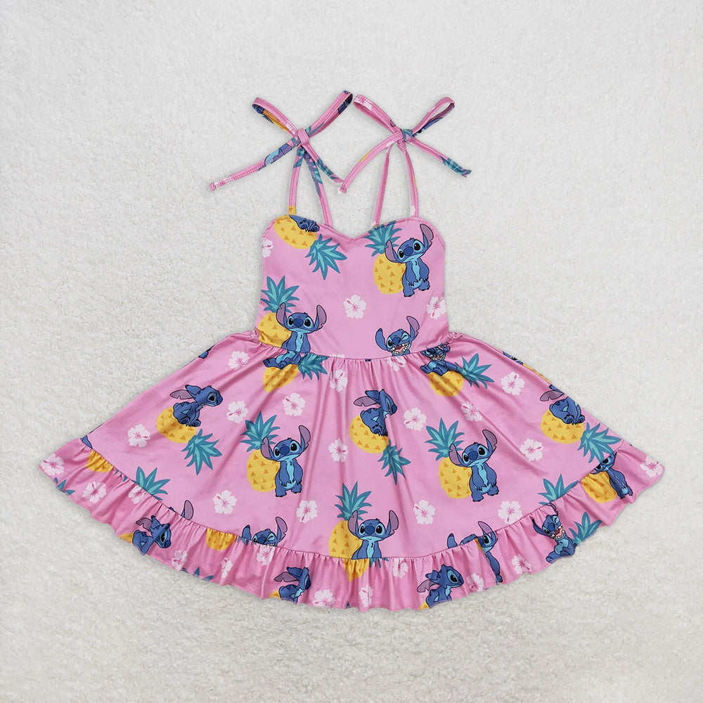 RTS NO MOQ Summer Baby Girls Dresses GSD1080 Strapes Hot Pink Pineapple Mouse Ruffle Knee Length Dresses