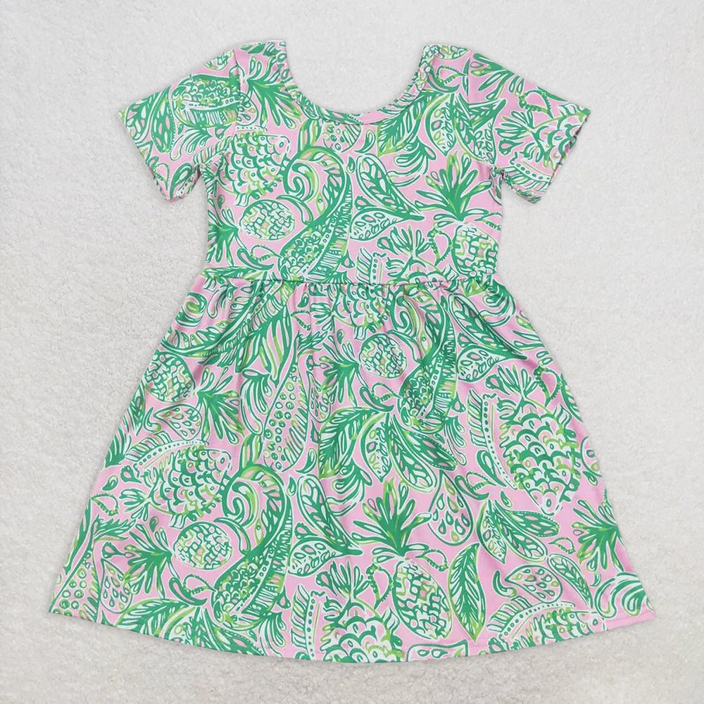 RTS NO MOQ Summer Baby Girls Dresses GSD1113 Green Leaves Short Sleeve Knee Length Dresses