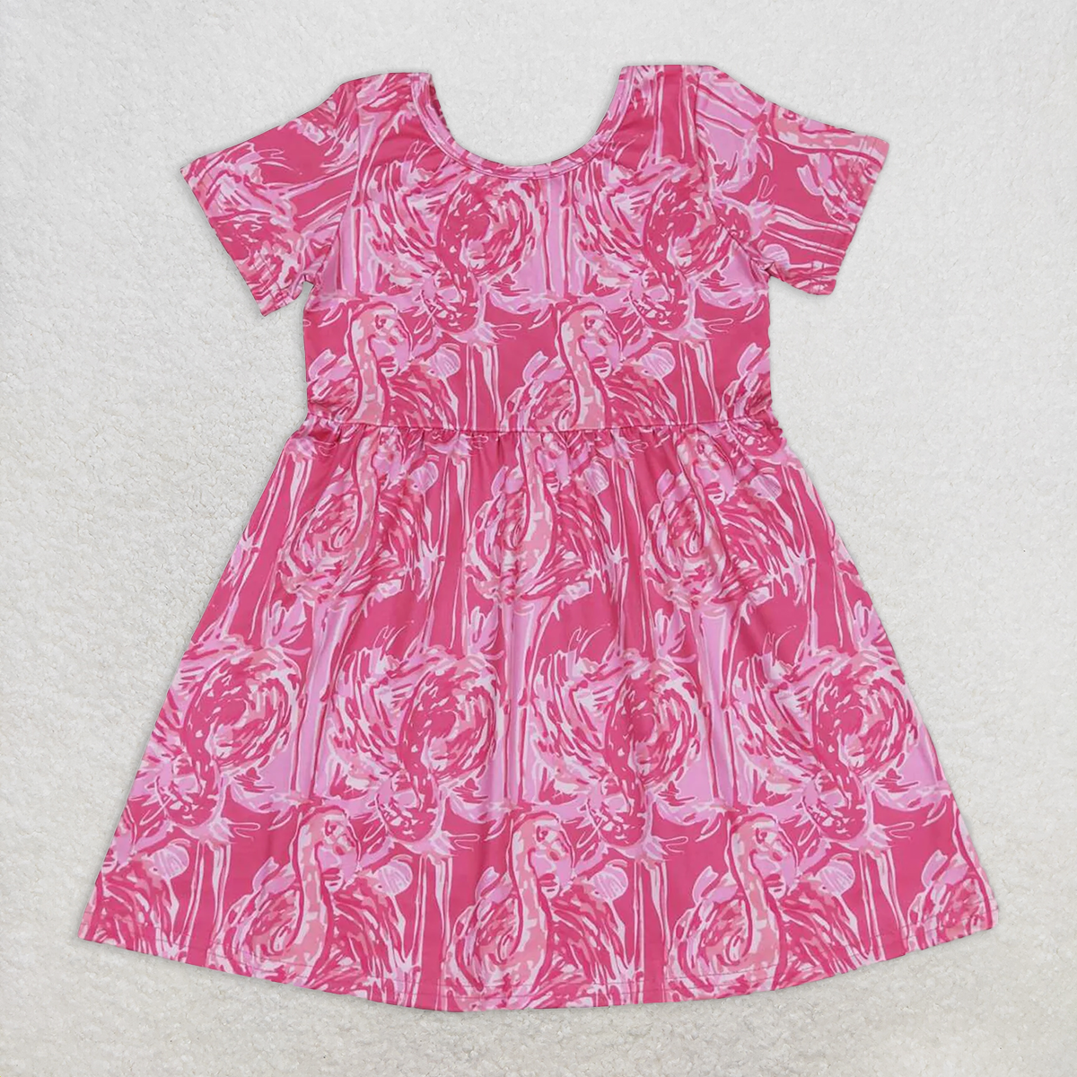 RTS NO MOQ Summer Baby Girls Dresses GSD1116 Hot Pink Flamingo Short Sleeve Knee Length Dresses