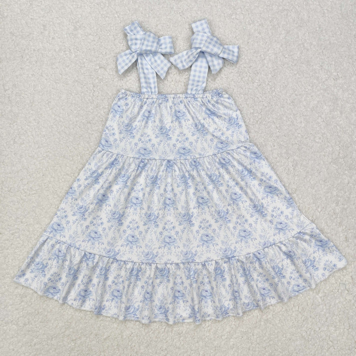RTS NO MOQ Summer Sibling Baby Girls Blue Flowers Straps Tunic Ruffle Short Sets Knee Length Dresses