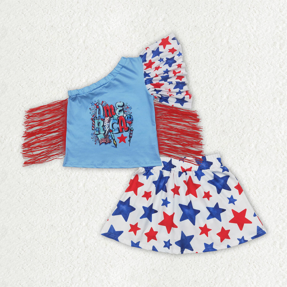 4.9 GSD1836 Baby Girls 4th of July America Fringe Shirt Skorts Clothes Sets