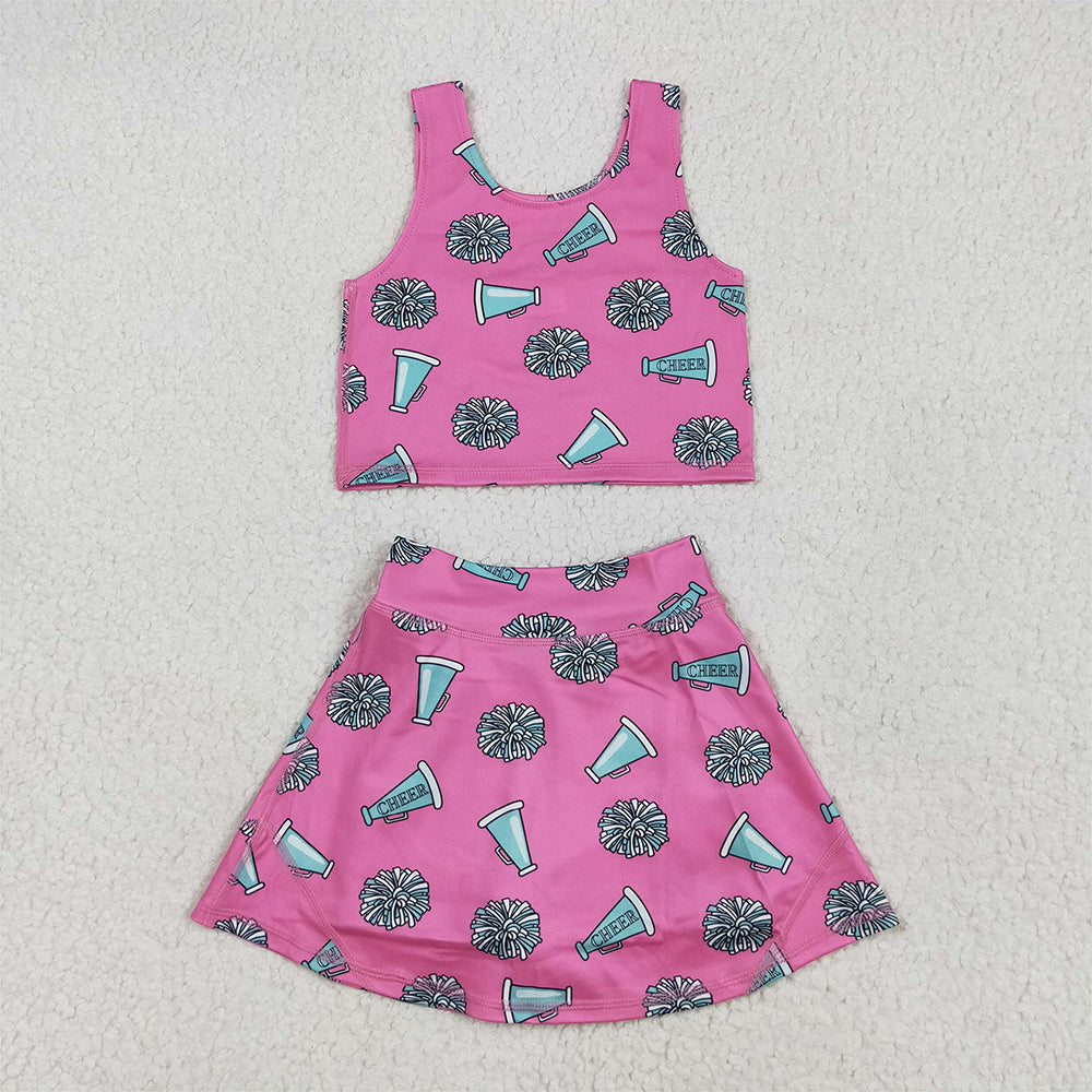 RTS NO MOQ Baby Girls Summer Kids Sets GSD1924 Pink Sleeveless Cheer Top Skort Yoga Sets