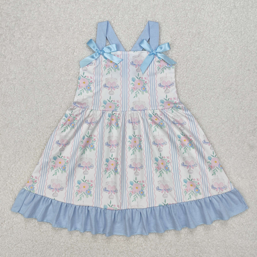 5.24 RTS NO MOQ Summer Sibling Baby Girls Flowers Cakes Straps Bows Rompers Dresses Outfits