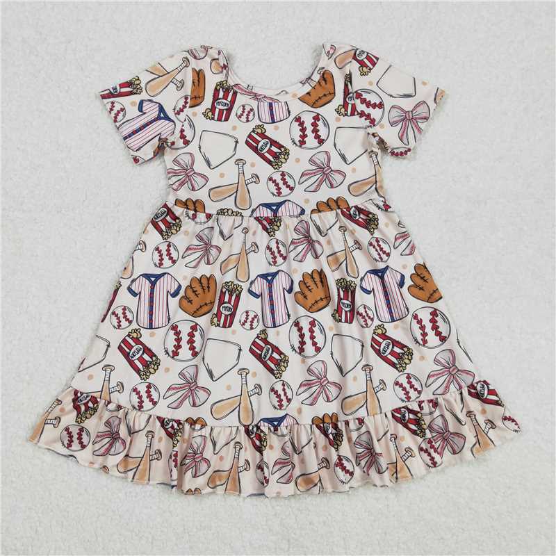 RTS NO MOQ Summer Baby Girls Dresses GSD1960 Baseball Bows Short Sleeve Knee Length Dresses