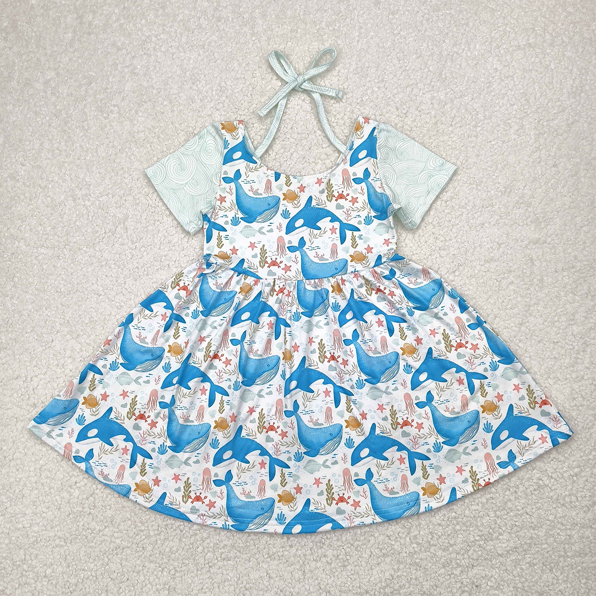 RTS NO MOQ Summer Baby Girls Dresses GSD2011 Blue Whale Short Sleeve Knee Length Dresses