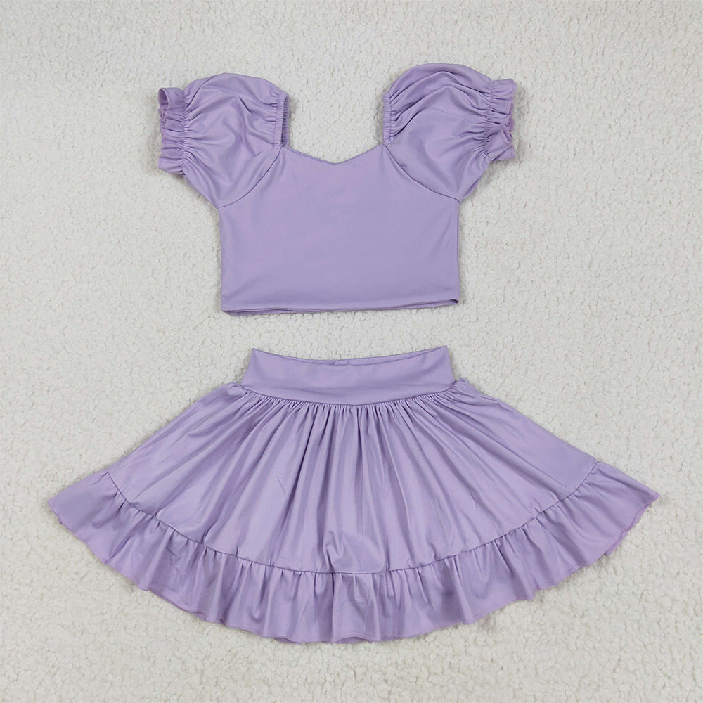 RTS NO MOQ Baby Girls Summer Kids Sets GSD2099 Lavender Yoga Shirt Skirt Active Wear Clothes Sets