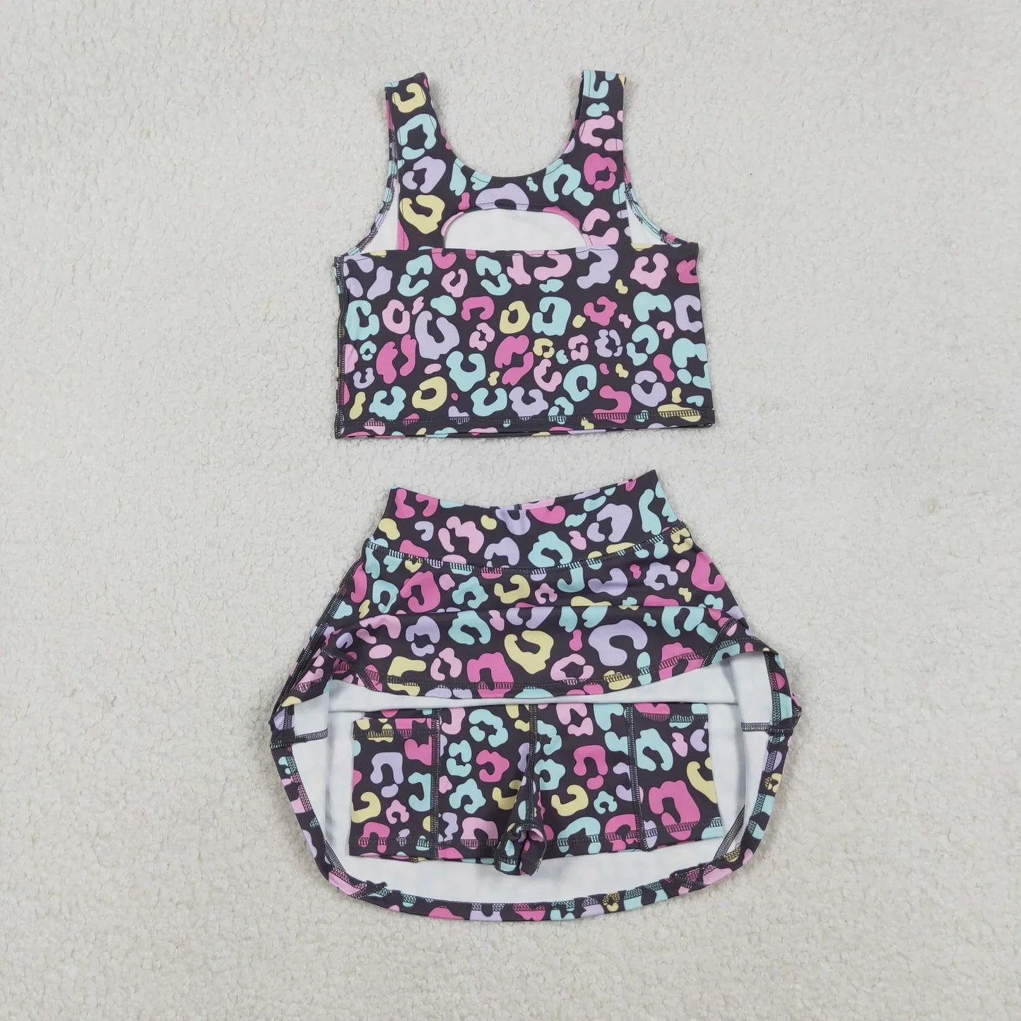 Sibling Baby Girls Kids Sleeveless Leopard Tops Skorts Shorts Yoga Active Sibling Sets RTS