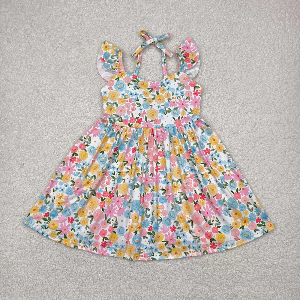 7.7 RTS NO MOQ Summer Sibling Baby Girls Flutter Sleeves Floral Backless Bow Knee Length Dresses