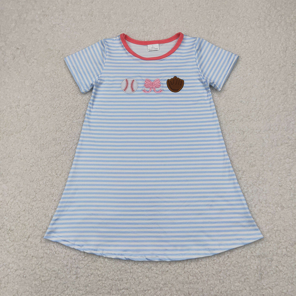 RTS NO MOQ Summer Baby Girls Dresses GSD2220 Embroidery Light Blue Stripe Short Sleeves Bows Baseball Knee Length Dresses