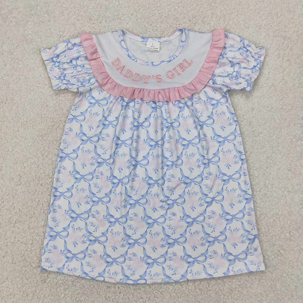 RTS NO MOQ Summer Baby Girls Dresses GSD2226 Embroidery Blue Bows DADDY'S GIRL Knee Length Dresses