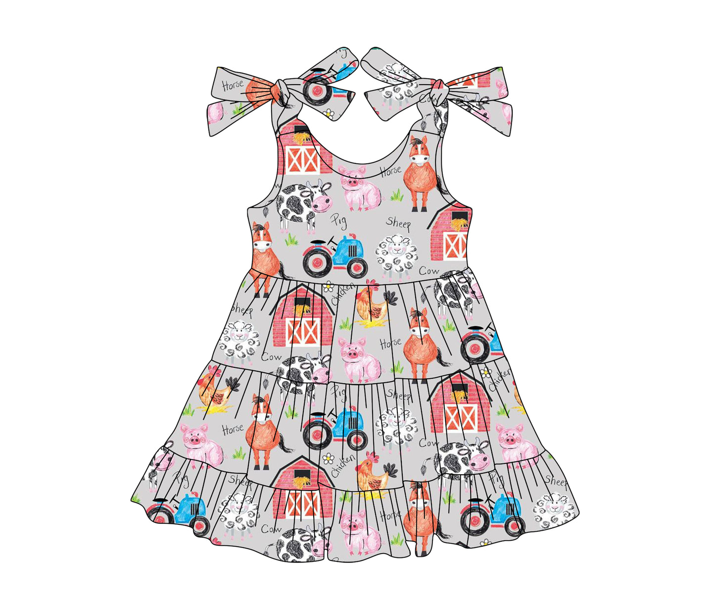 4.15 GSD2235 Baby Girls Gray Strap Trucks Houses Cows Farm Knee Length Dresses Pre order