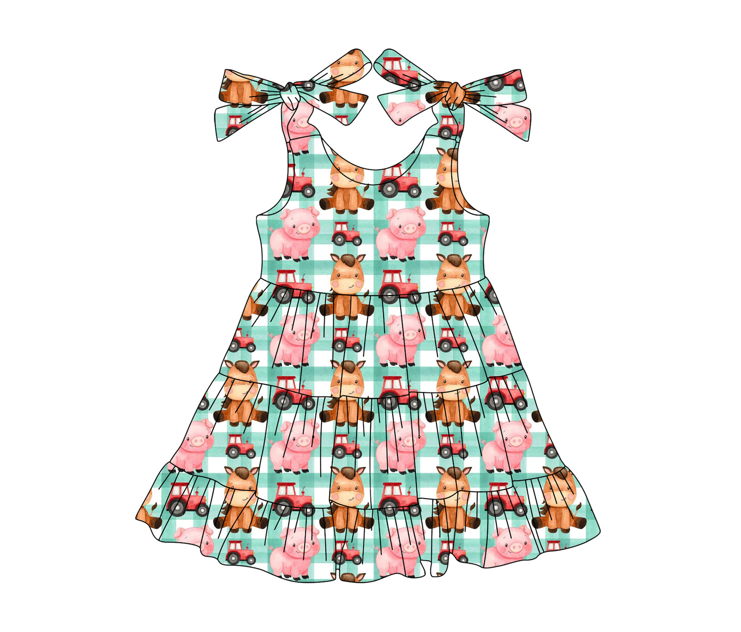 4.15 GSD2236 Baby Girls Green Plaid Strap Trucks Pigs Farm Knee Length Dresses Pre order
