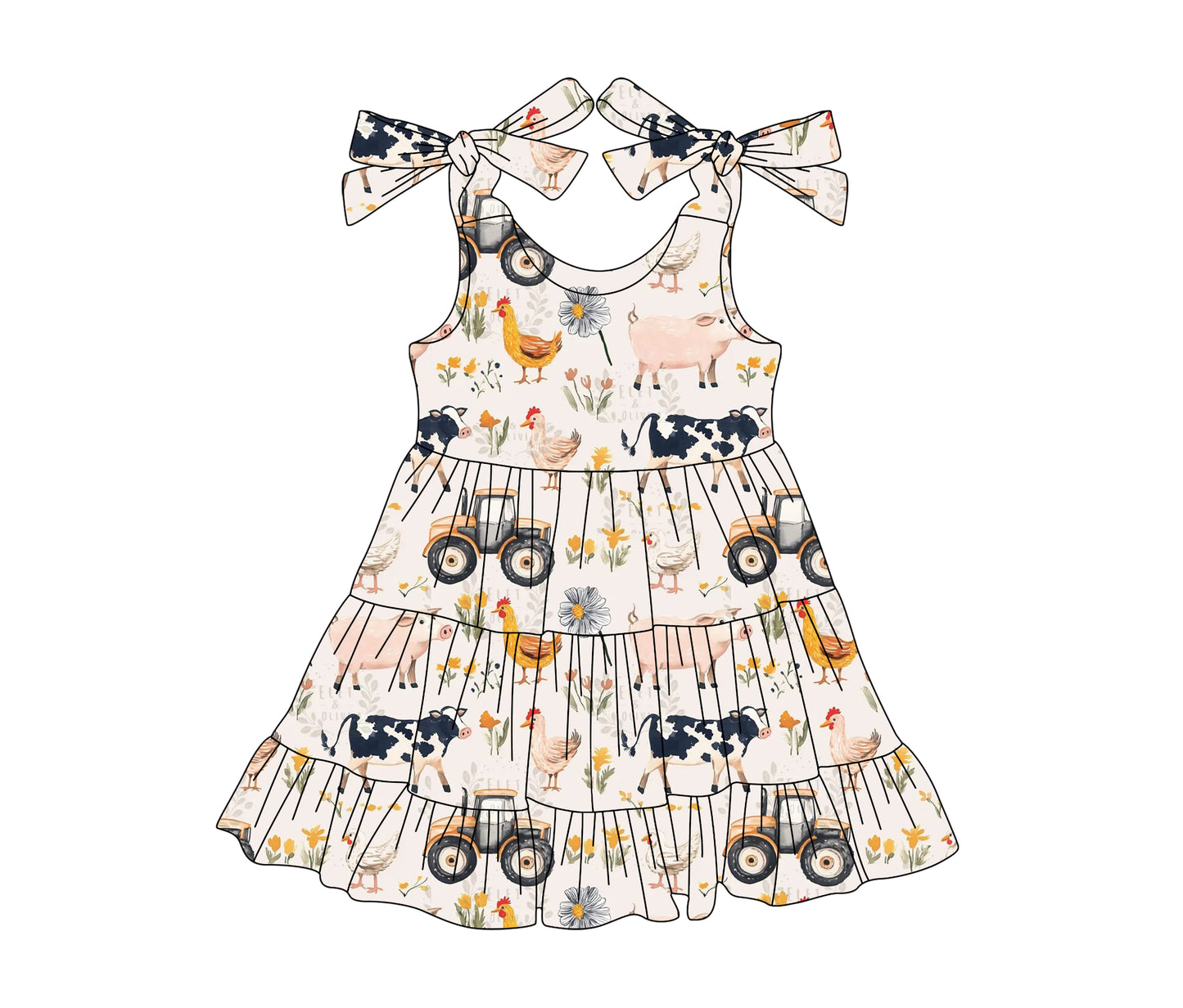 4.15 GSD2237 Baby Girls Pink Strap Trucks Chicks Cows Farm Knee Length Dresses Pre order