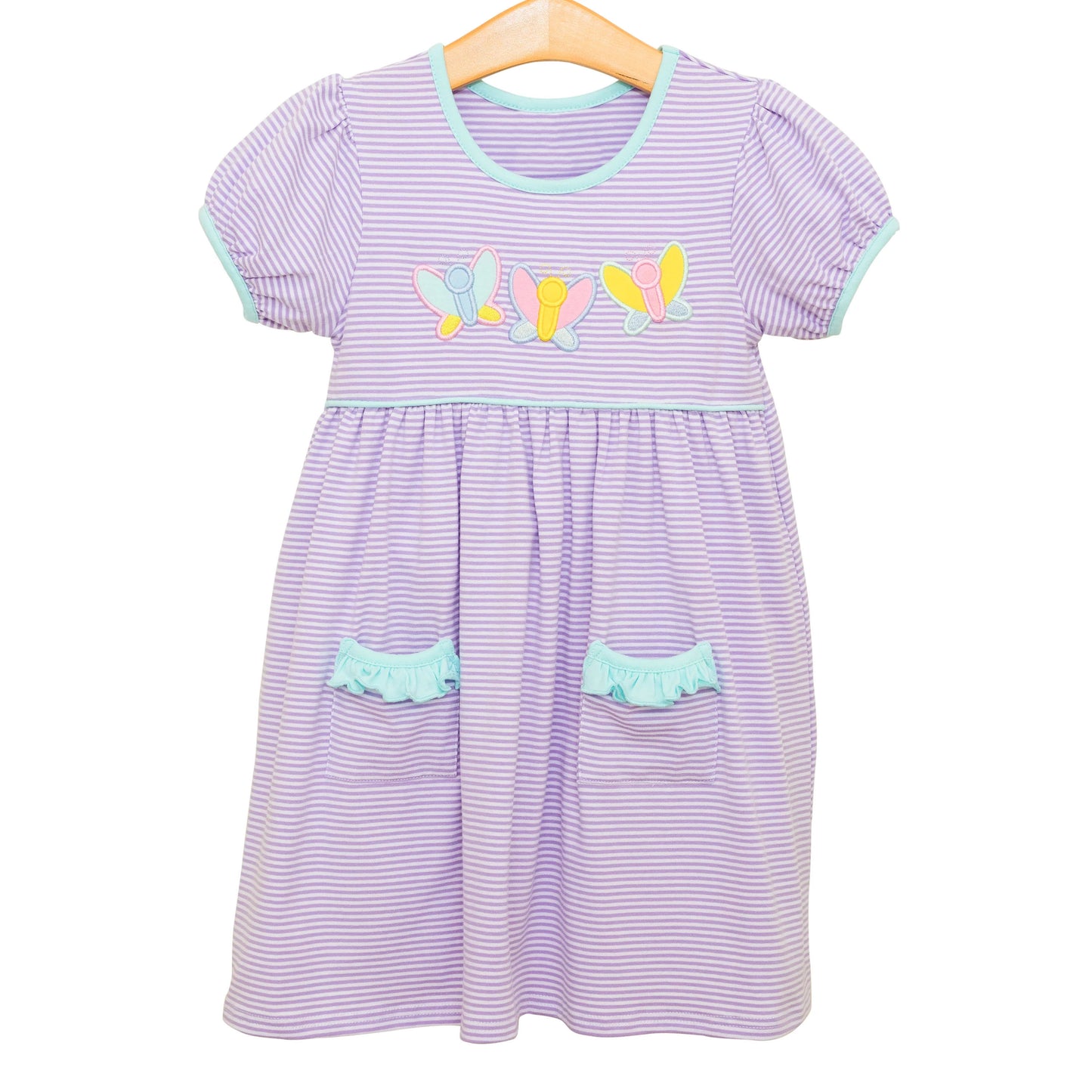 4.15 GSD2239 Baby Girls Lavender Short Ruffle Sleeves Stripe Butterfly Pockets Knee Length Dresses Pre order