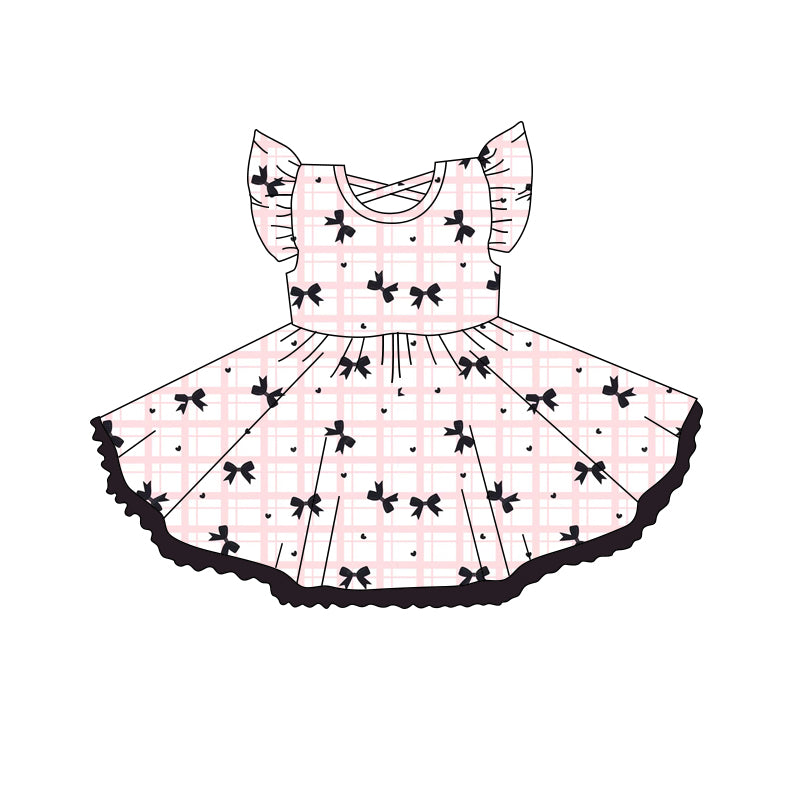 4.15 GSD2251 Flutter sleeves plaid black bow kids girls summer dress pre order