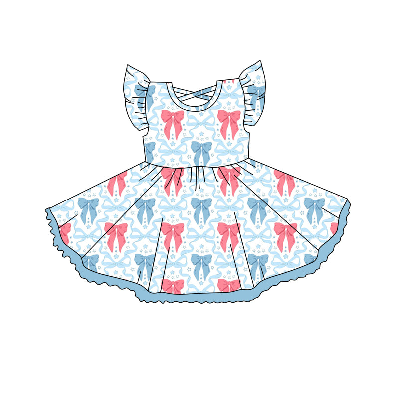 4.15 GSD2255 Baby Girls Flutter Sleeves Blue Red Stars Bows 4th Of July Knee Length Dresses Pre order