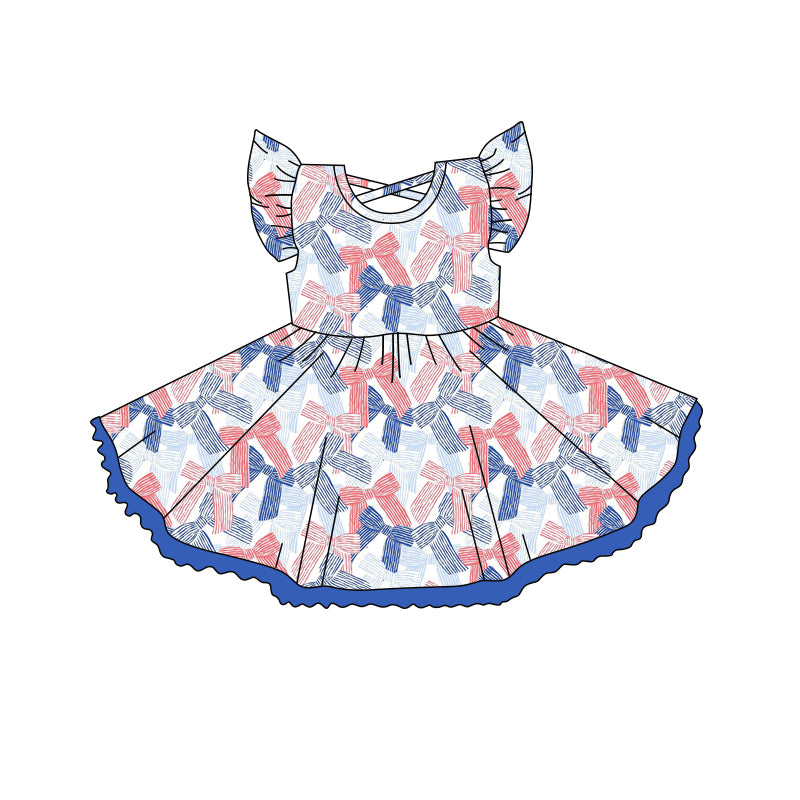 4.15 GSD2256 Baby Girls Flutter Sleeves Blue Red Stripe Bows 4th Of July Knee Length Dresses Pre order
