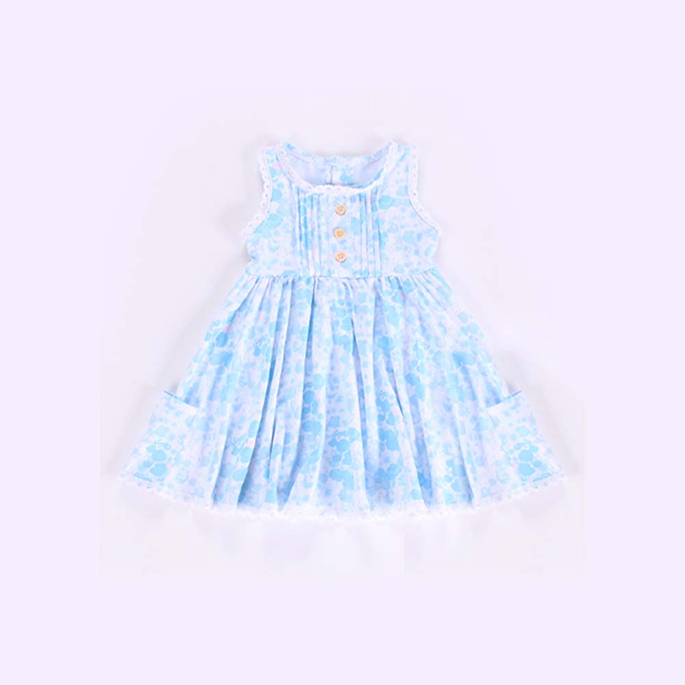 4.14 GSD2260 Baby Girls Blue Sleeveless Button Top Floral Pockets Knee Length Dress Pre order
