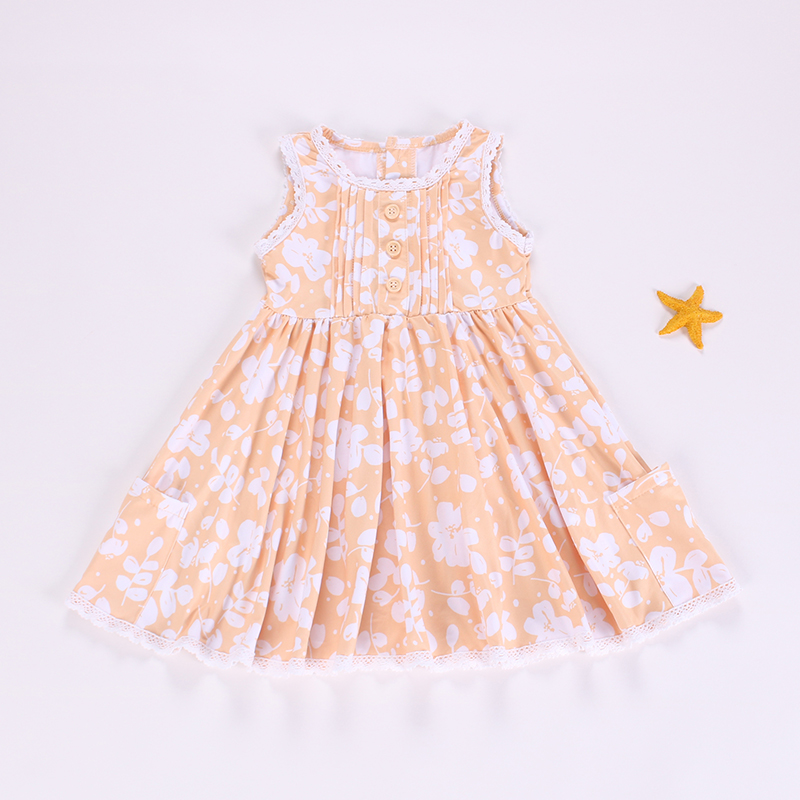 4.14 GSD2262 Baby Girls Peach Sleeveless Button Top Floral Pockets Knee Length Dress Pre order