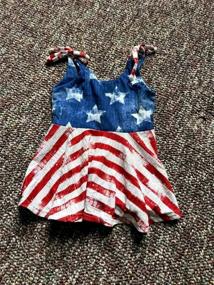 4.14 GSD2269 Baby Girls Bows Strap Blue Stars Red Stripe 4th Of July Dress Pre order