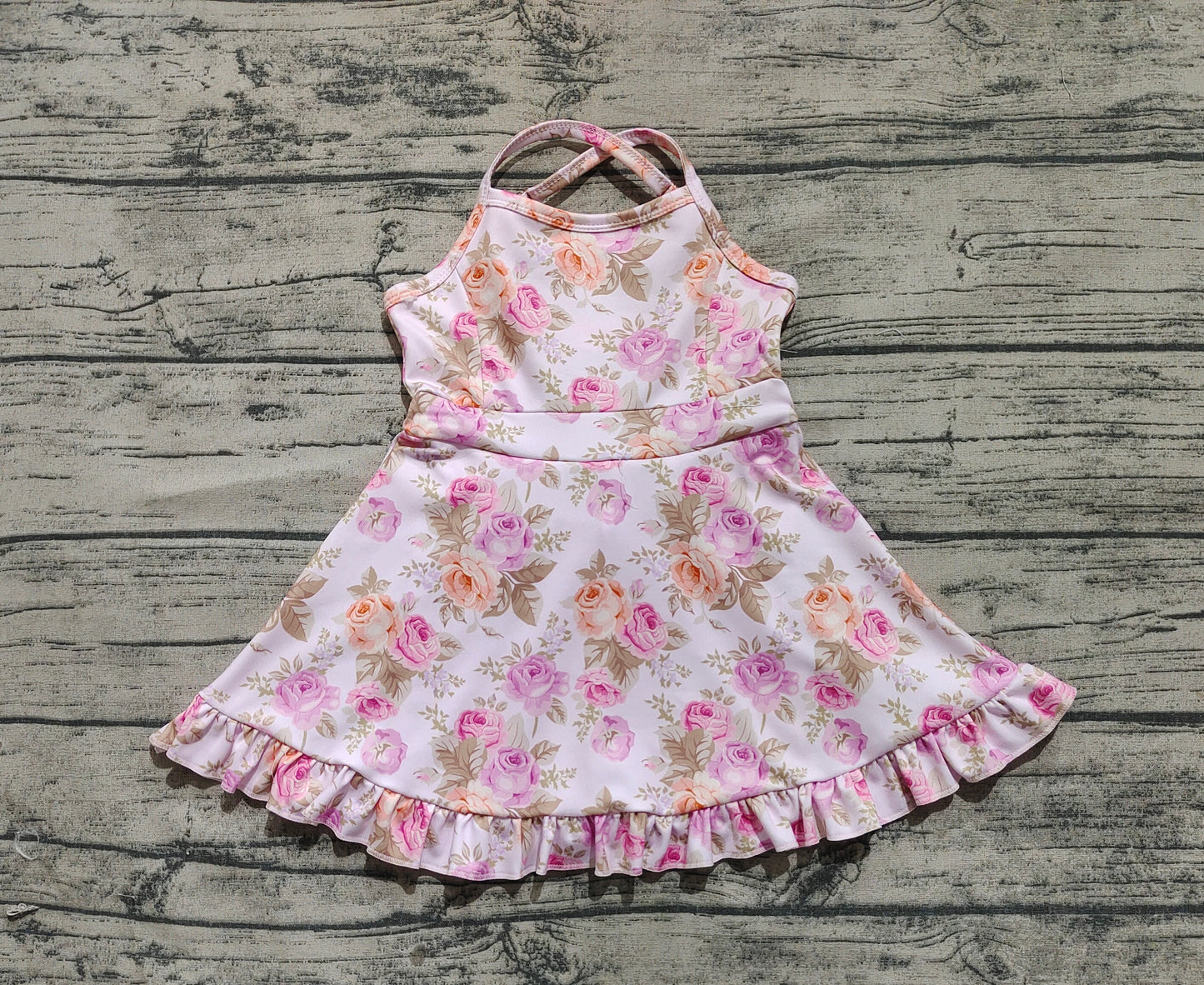 3.29 GSD2280 Baby Girls Peach Strap Floral Yoga Ruffle Knee Length Dresses