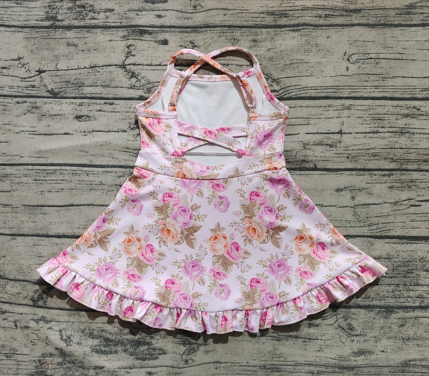 3.29 GSD2280 Baby Girls Peach Strap Floral Yoga Ruffle Knee Length Dresses