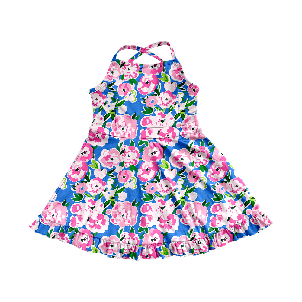 4.9 GSD2284 Baby Girls Blue Strap Colorful Floral Yoga Ruffle Knee Length Dresses Pre order
