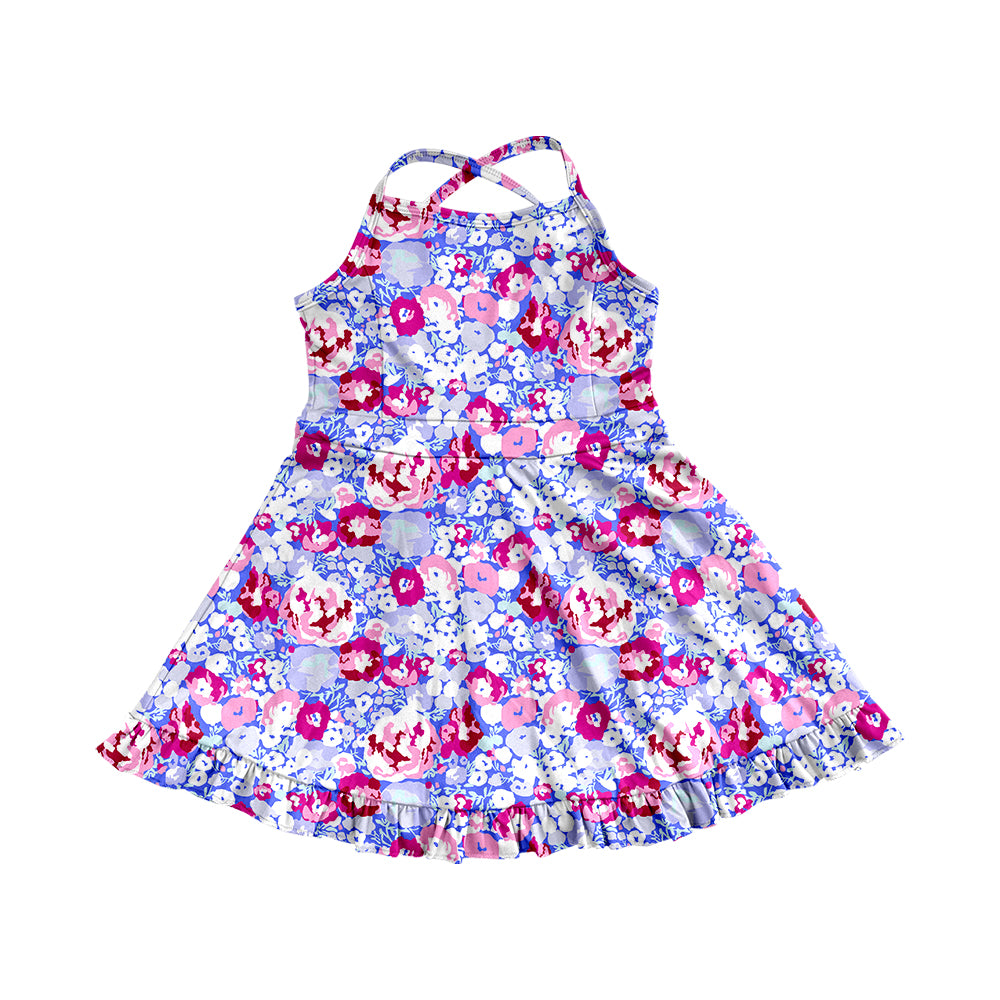 4.9 GSD2285 Baby Girls Lavender Strap Colorful Floral Yoga Ruffle Knee Length Dresses Pre order