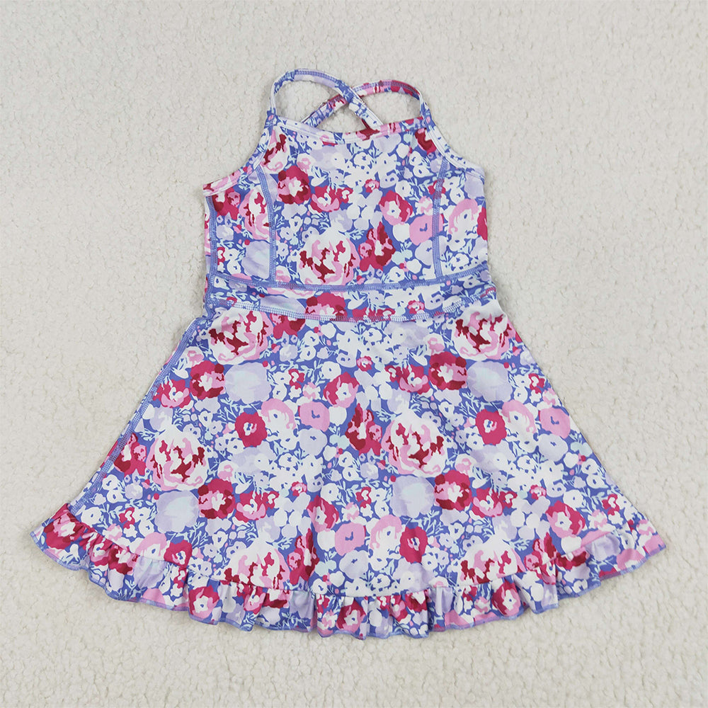 6.5 RTS NO MOQ Summer Baby Girls Dresses GSD2285 Lavender Strap Colorful Floral Yoga Ruffle Knee Length Dresses