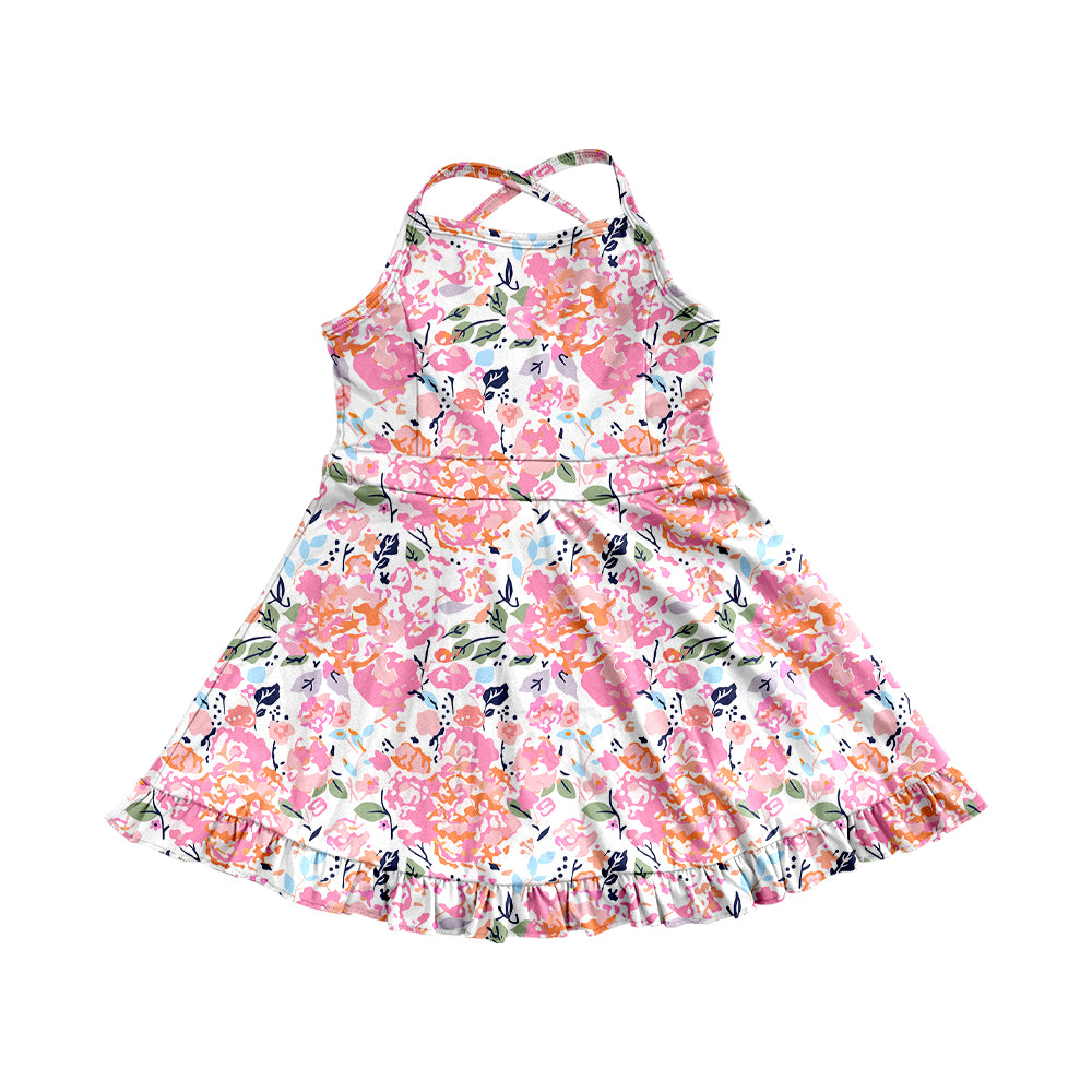 4.9 GSD2286 Baby Girls Peach Strap Watercolor Floral Yoga Ruffle Knee Length Dresses Pre order