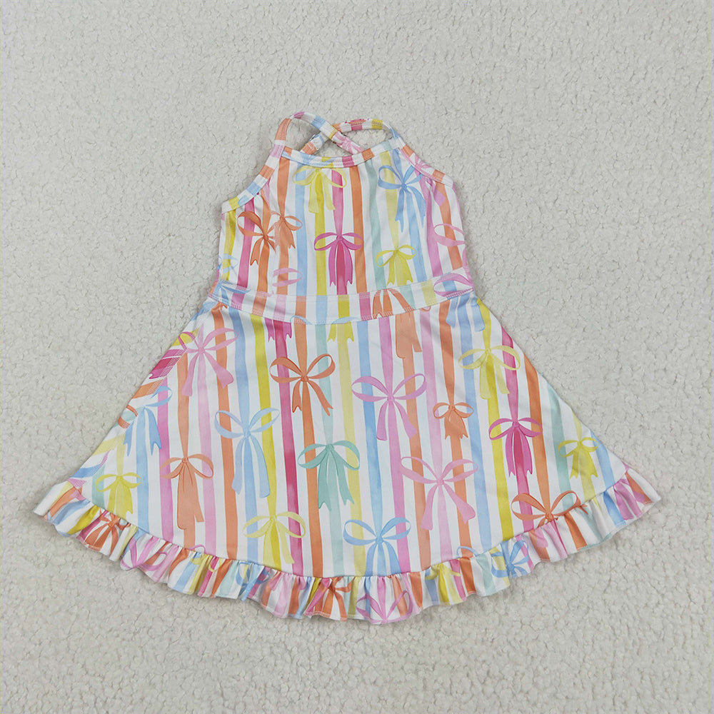 5.16 RTS NO MOQ Summer Baby Girls Dresses GSD2288 Strap Colorful Bows Stripe Yoga Ruffle Knee Length Dresses