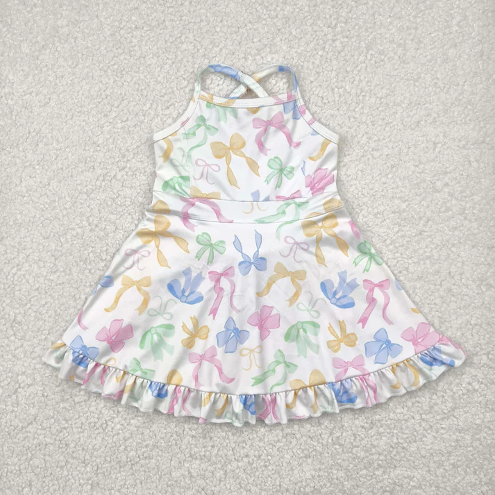 RTS NO MOQ Summer Sibling Baby Girls Colorful Bows Yoga Active Wear Skort Knee Length Dresses