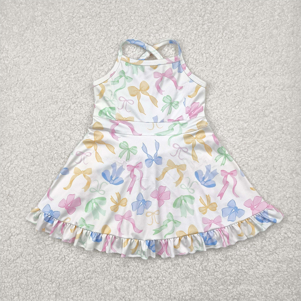 RTS NO MOQ Summer Baby Girls Dresses GSD2289 Strap Colorful Bows Yoga Ruffle Knee Length Dresses