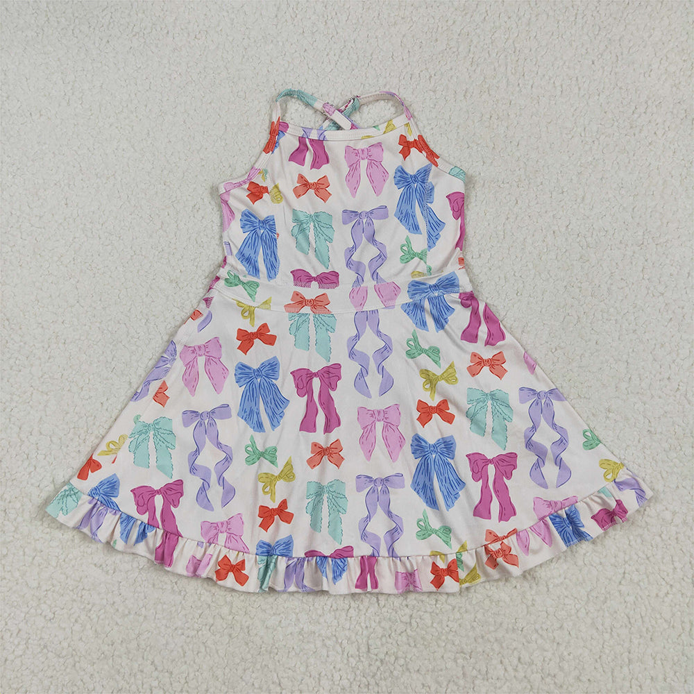RTS NO MOQ Summer Baby Girls Dresses GSD2291 Strap Colorful Bows Yoga Ruffle Knee Length Dresses