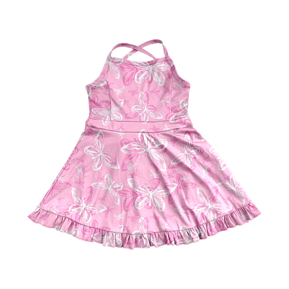 4.9 GSD2292 Baby Girls Pink Strap Butterfly Yoga Ruffle Knee Length Dresses Pre order