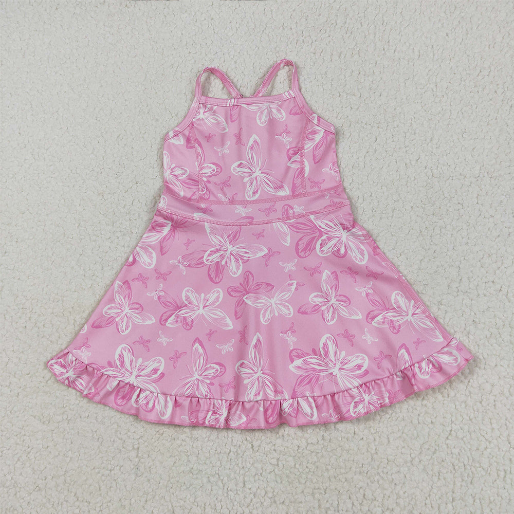 5.29 RTS NO MOQ Summer Baby Girls Dresses GSD2292 Pink Strap Butterfly Yoga Ruffle Knee Length Dresses