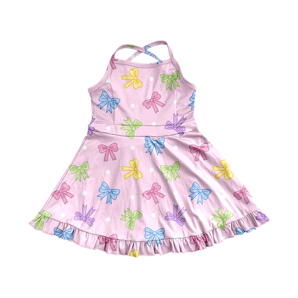 4.9 GSD2294 Baby Girls Pink Strap Colorful Bows Polka Dots Yoga Ruffle Knee Length Dresses Pre order
