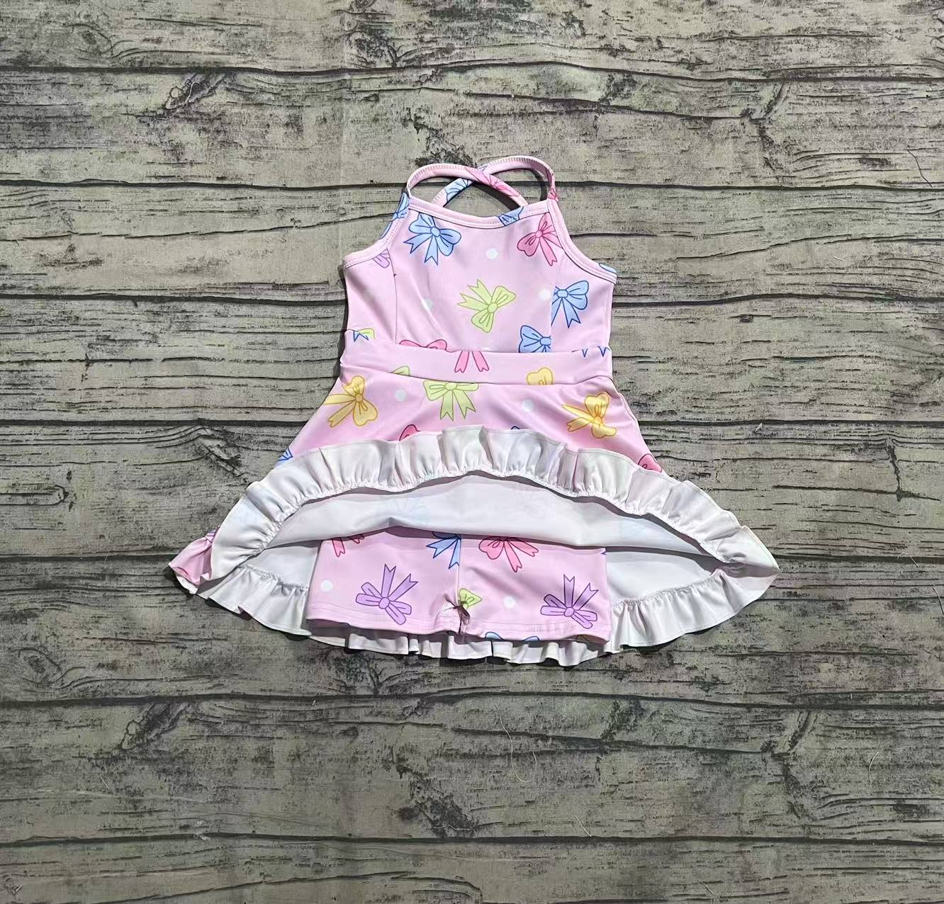 3.29 GSD2294 Pink Bows Baby Girls Strap Yoga Ruffle Knee Length Dresses