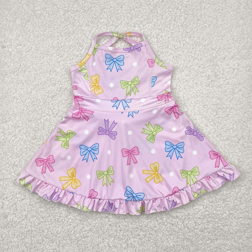RTS NO MOQ Summer Baby Girls Dresses GSD2294 Pink Strap Colorful Bows Polka Dots Yoga Ruffle Knee Length Dresses