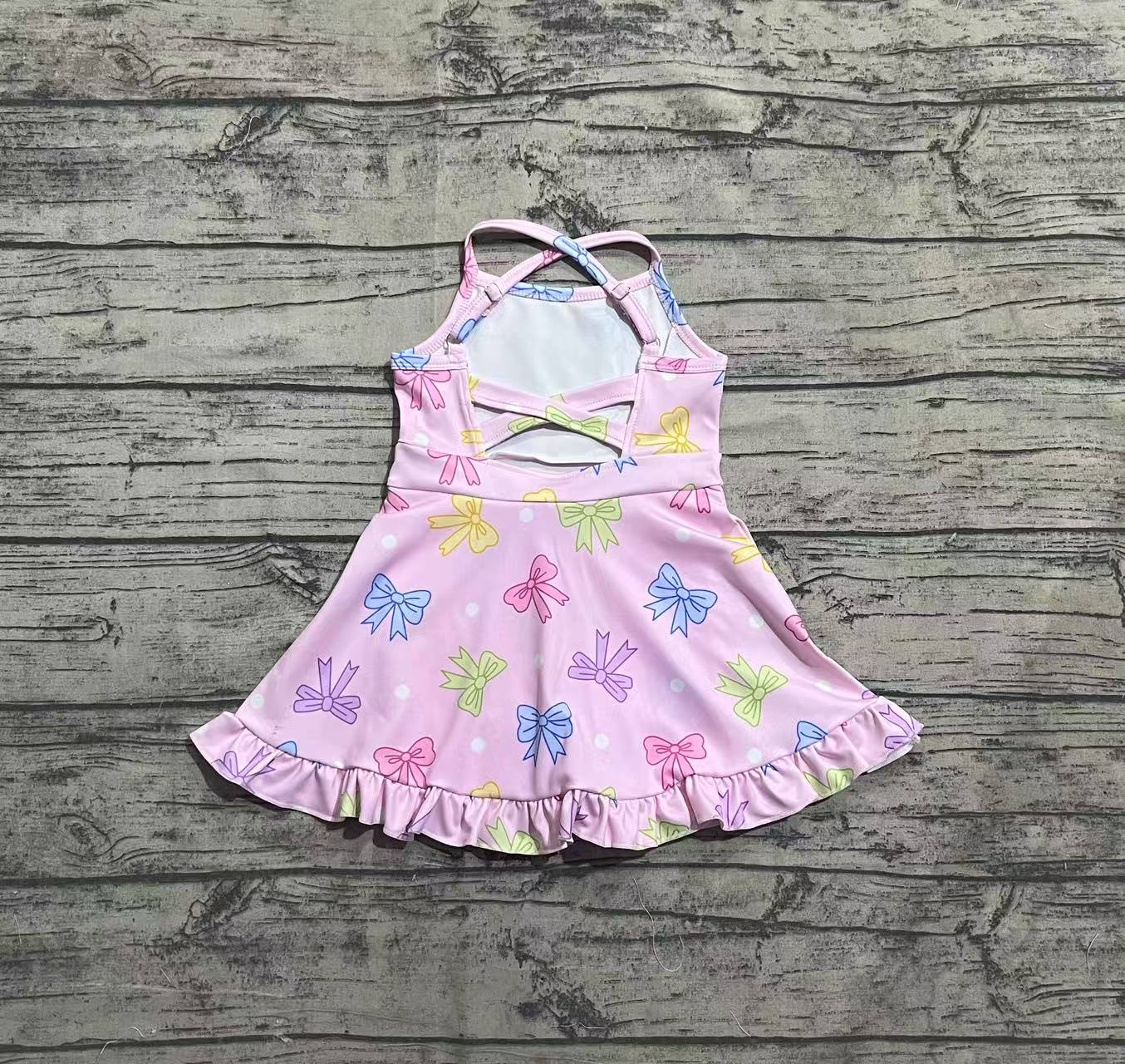 3.29 GSD2294 Pink Bows Baby Girls Strap Yoga Ruffle Knee Length Dresses