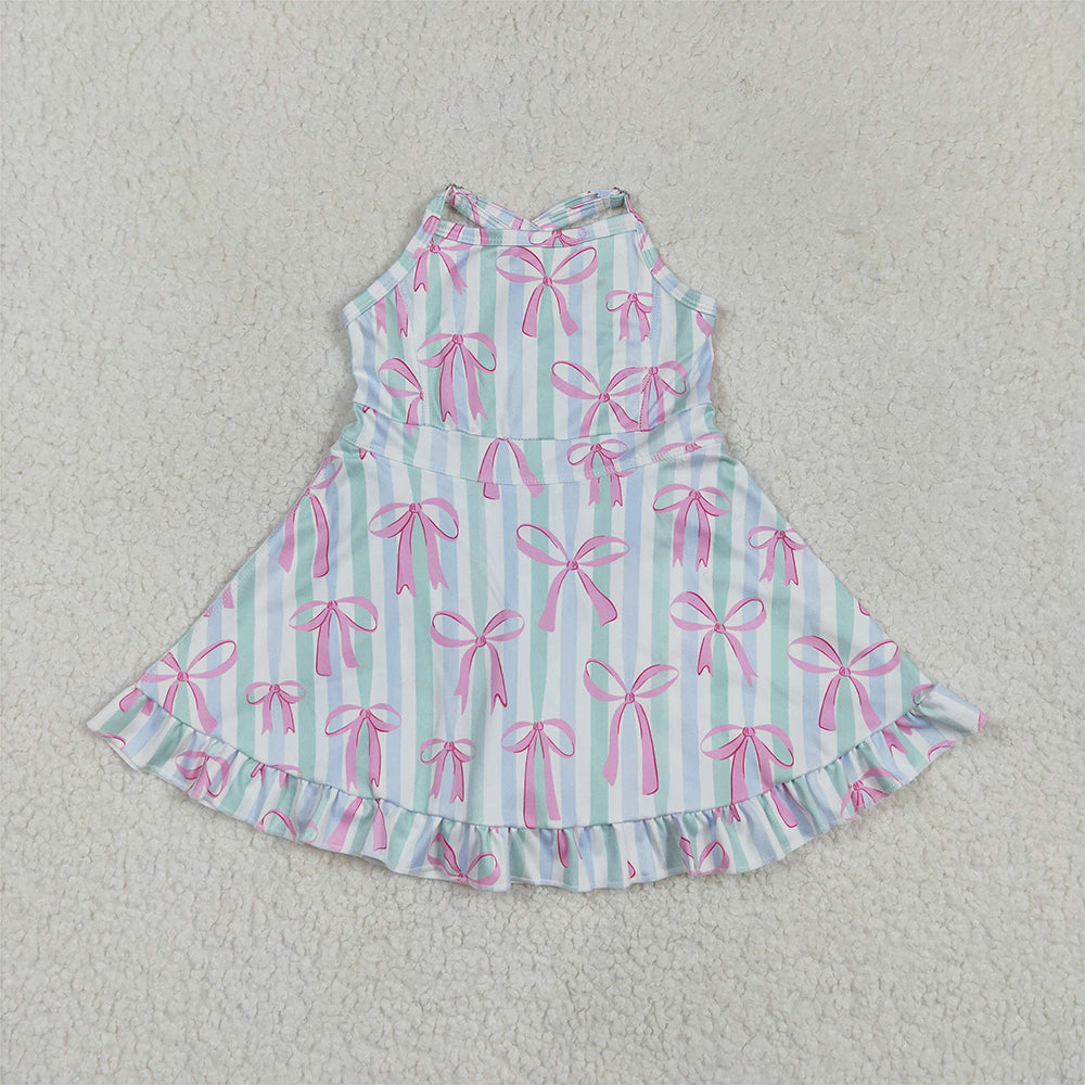 RTS NO MOQ Summer Baby Girls Dresses GSD2297 Strap Green Bow Stripe Pink Bows Yoga Ruffle Knee Length Dresses