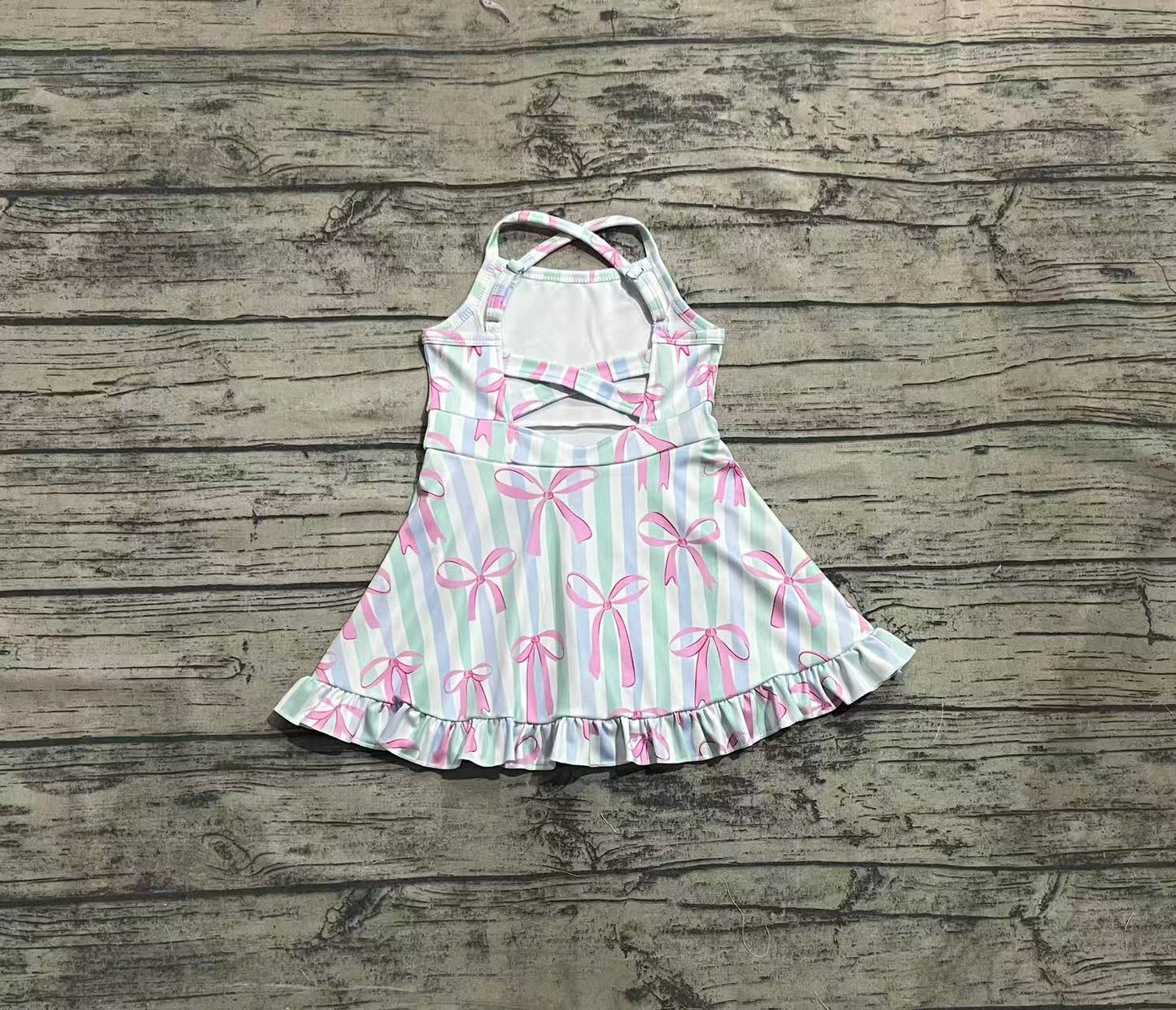 3.29 GSD2297 Stripe Bows Baby Girls Strap Yoga Ruffle Knee Length Dresses