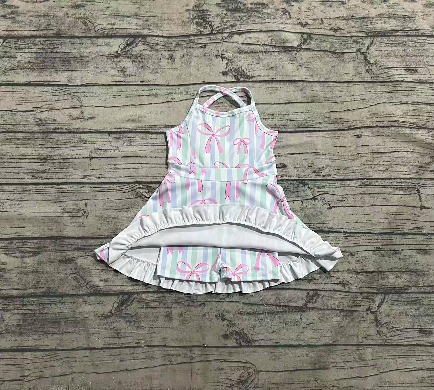3.29 GSD2297 Stripe Bows Baby Girls Strap Yoga Ruffle Knee Length Dresses