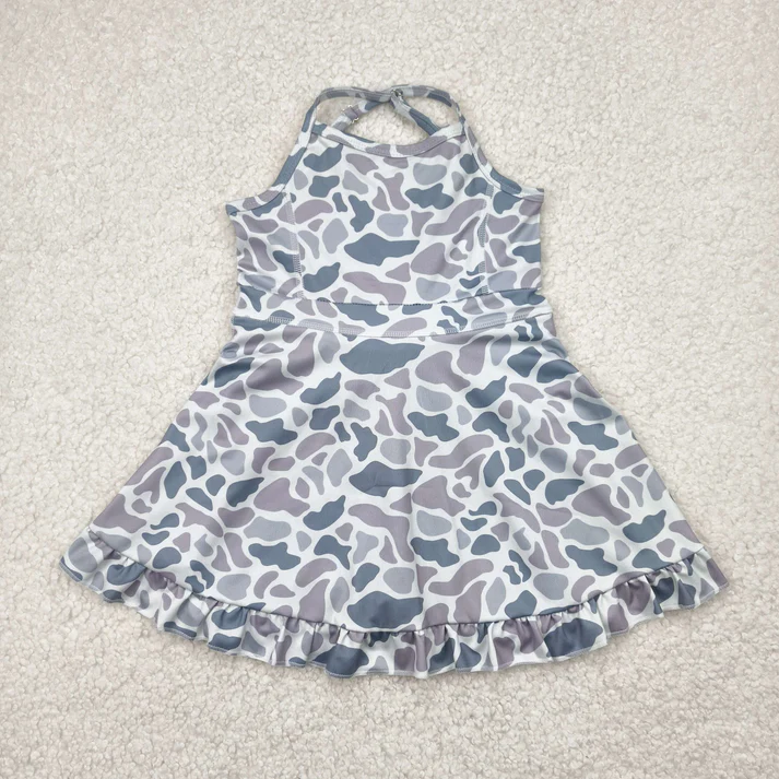 RTS NO MOQ Summer Sibling Baby Girls Strap Western Camo Print Yoga Activity Wear Ruffle Knee Length Dresses